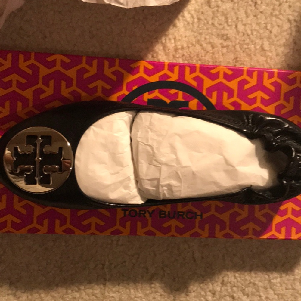 Tory Burch black ballet flats with silver logo